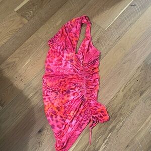 Asymmetrical Ruched Halter Dress in Hot Pink-Orange Print